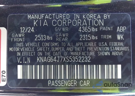 2025 Kia K5 Gt-Line z USA, uszkodzony, nr VIN KNAG64J7XS5352232